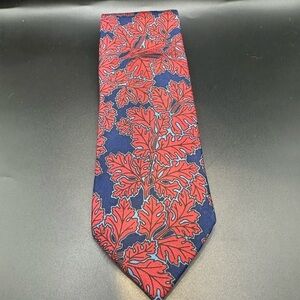 Drakes London Silk Red and Blue Leaf Patterned Tie